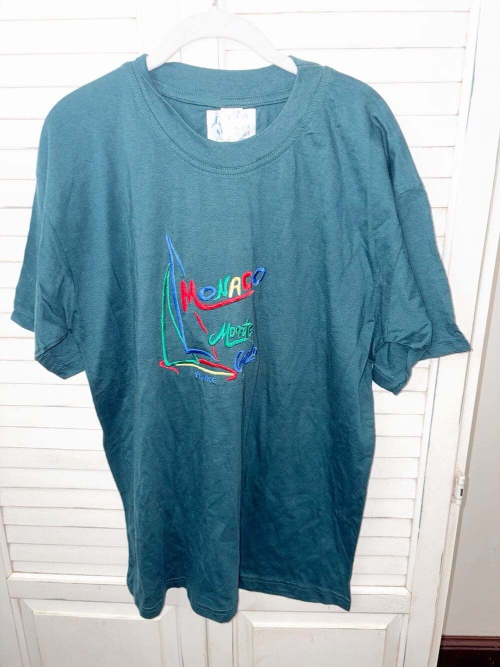 Vintage Monaco Monte Carlo Embroidered Green Cotton T Shirt Large Made In France